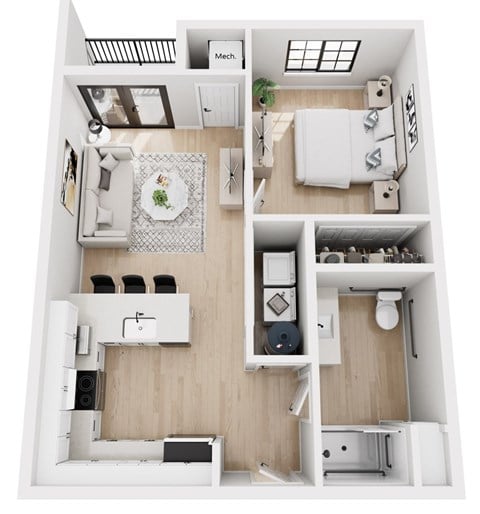 Floor plan for 1 bed, 1 bath, 626 sqft